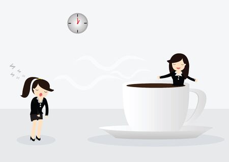 Business woman drinking coffee, relaxing with coffee cup in bright officeのイラスト素材