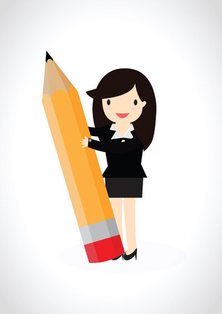 Business woman stands smiling and holding a pencilのイラスト素材