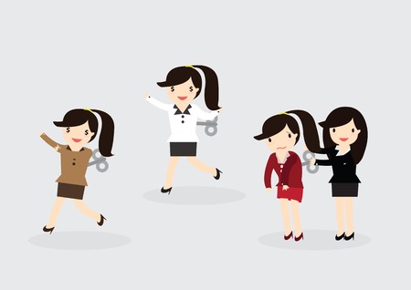 Business woman with wind-up key in his backのイラスト素材