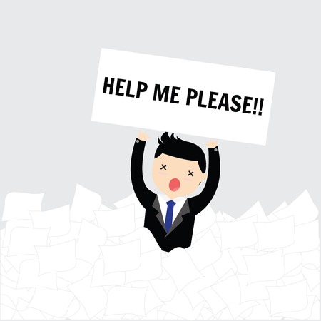 Businessman need help under a lot of white paperのイラスト素材
