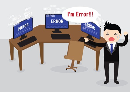 Businessman confused and being in stress temper with error message on computer.のイラスト素材