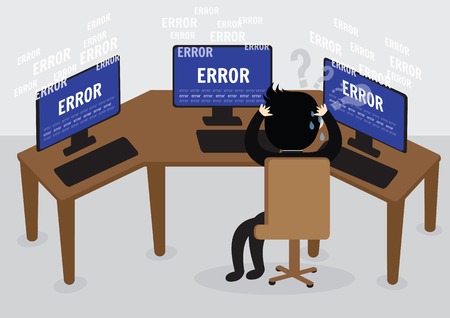 Businessman confused and being in stress temper with error message on computer.のイラスト素材