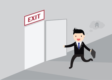 Businessman running exit door sign he get off work at five.のイラスト素材