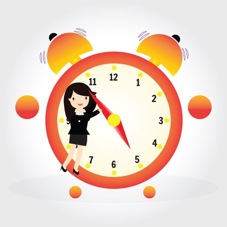 Business woman pulling a clock hand forward at 5 pm o' clockのイラスト素材