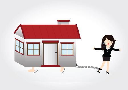 Business woman with debt chained on ankle and a houseのイラスト素材