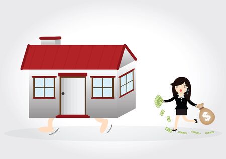 Business woman with debt and chasing a homeのイラスト素材