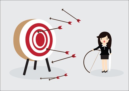 Blindfold business woman try to hit a targetのイラスト素材