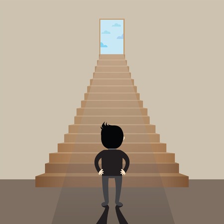 Businessman standing on staircase  looking at freedom door.のイラスト素材