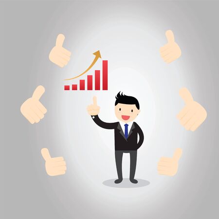 Businessman feedback. A successful businessman acknowledging many thumbs up around him.のイラスト素材