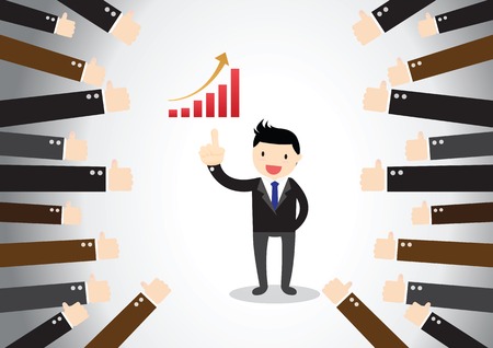 Businessman feedback. A successful businessman acknowledging many thumbs up around him.のイラスト素材