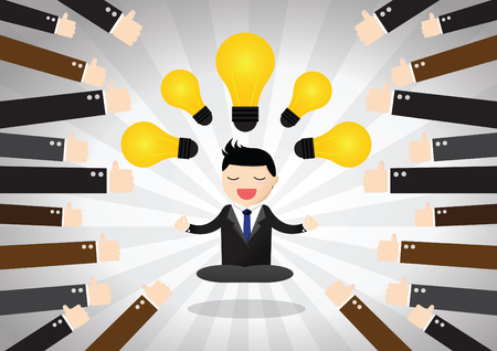 Businessman great idea and being crowd funded . Meditative businessman is looking for the perfect business solution.のイラスト素材