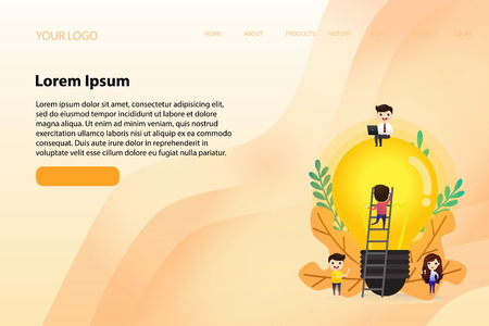 Teamwork on finding new ideas, little people launch a mechanism, search for new solutions, creative work, vector, illustration.のイラスト素材