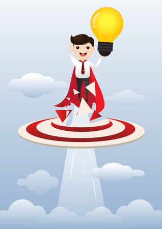 Businessman superhero holding creative lightbulb. Business idea concept. vector, illustration.のイラスト素材