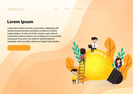 Teamwork on finding new ideas, little people launch a mechanism, search for new solutions, creative work,  concept of creative thinking, vector, illustration.のイラスト素材