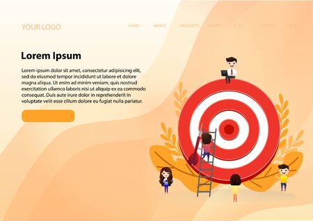 Businessman directs the arrow to the target. Aim in business concept. Businessmen working and woman at big target with arrow. Goals and objectives, business grow and plan. vector, illustration.のイラスト素材