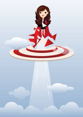 Business woman superhero flying and breaking target archery to Successful vector. Business superhero rushing on the arrow to the target, business concept goal and success. vector, illustration.のイラスト素材