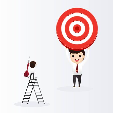 Businessman directs the arrow to the target. Aim in business concept. Businessmen working and woman at big target with arrow. Goals and objectives, business grow and plan. vector, illustration.のイラスト素材