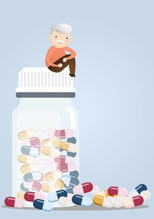 Senior sitting in pill bottles with a lot of pill his depressed from taking medicine. vector, illustrationのイラスト素材