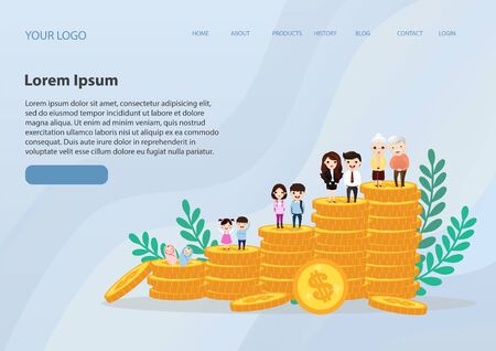 People generations with retirement money plan. Cartoon 5 generation standing on different in height piles of coins vector illustration. Savings money and planning conceptのイラスト素材