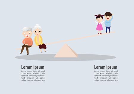 Weight scale between senior and children. Ageing social metaphor concept. Vector, illustrationのイラスト素材