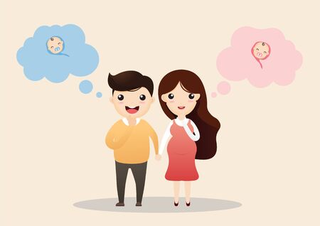 Cheerful pregnant couple. Beautiful young couple expecting baby with speech bubbles. vector, illustration.のイラスト素材