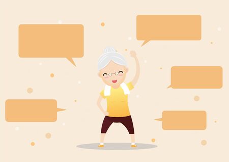 Elderly people exercising.Elderly doing exercising with speech bubbles. Active healthy workout aged people. Grandparents making morning exercises. Cartoon illustration isolated on background. Vector, illustrationのイラスト素材