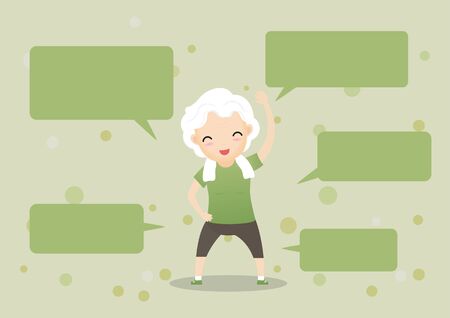 Elderly people exercising.Elderly doing exercising with speech bubbles. Active healthy workout aged people. Grandparents making morning exercises. Cartoon illustration isolated on background. Vector, illustrationのイラスト素材