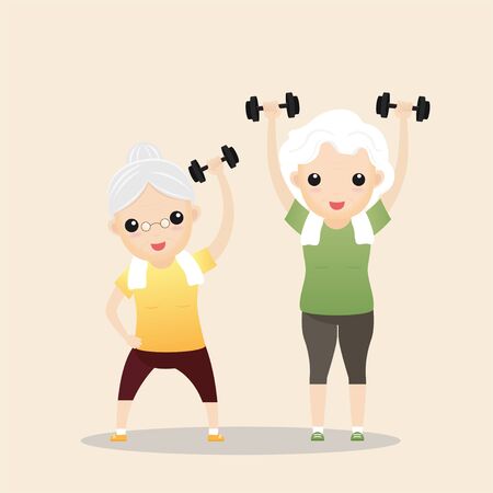 Elderly people exercising. Active healthy workout aged people. Grandparents making morning exercises. Cartoon illustration isolated on background. Vector, illustrationのイラスト素材