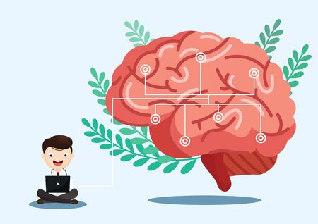 A team of doctors is diagnosing the brain.  Mental health concept. Solving mental problems. Psychotherapy and help. Flat vector illustration.のイラスト素材