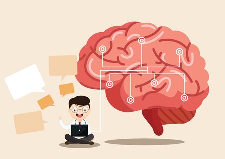 A team of doctors is diagnosing the brain.  Mental health concept. Solving mental problems. Psychotherapy and help. Flat vector illustration.のイラスト素材