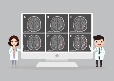 A team of doctors is diagnosing the brain.  Mental health concept. Solving mental problems. Psychotherapy and help. Flat vector illustration.のイラスト素材
