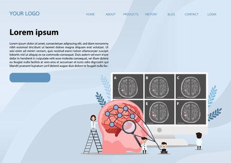 A team of doctors is diagnosing the brain.  Mental health concept. Solving mental problems. Psychotherapy and help. Flat vector illustration.のイラスト素材