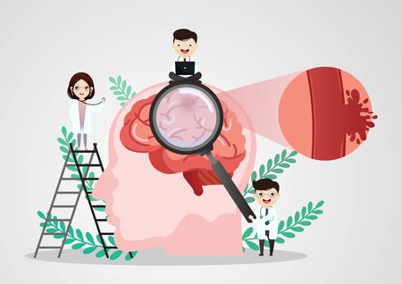 A team of doctors is diagnosing the brain.  Mental health concept. Solving mental problems. Psychotherapy and help. Flat vector illustration.のイラスト素材