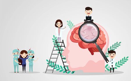 A team of doctors is diagnosing the brain.  Mental health concept. Solving mental problems. Psychotherapy and help. Flat vector illustration.のイラスト素材