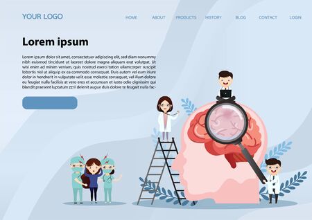 A team of doctors is diagnosing the brain.  Mental health concept. Solving mental problems. Psychotherapy and help. Flat vector illustration.のイラスト素材