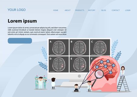 Teamwork of doctors is diagnosing the brain.  Mental health concept. Solving mental problems. Psychotherapy and help. Flat vector illustration.のイラスト素材