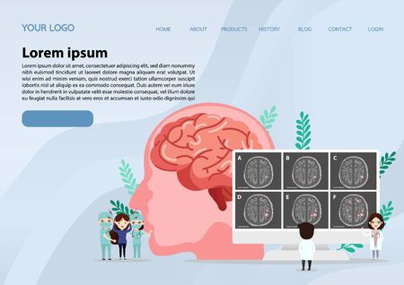 Teamwork of doctors is diagnosing the brain.  Mental health concept. Solving mental problems. Psychotherapy and help. Flat vector illustration.のイラスト素材