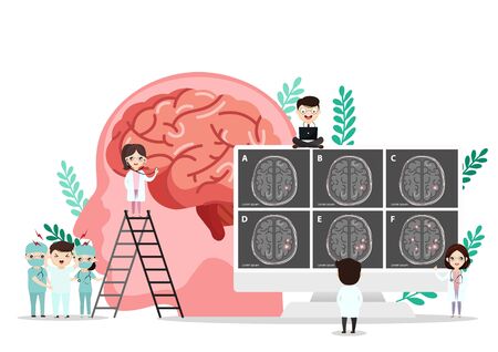 Teamwork of doctors is diagnosing the brain. Mental health concept. Solving mental problems. Psychotherapy and help. Flat vector illustration.のイラスト素材