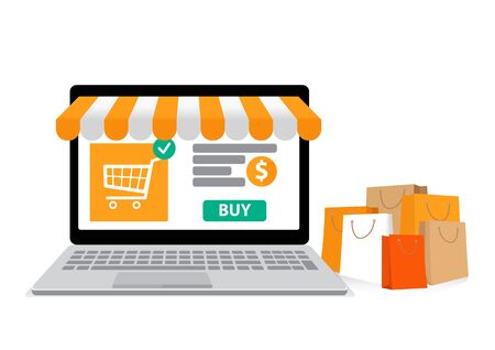 Flat outline design, Online shopping, Online payment, Buying online - vector banner with iconsのイラスト素材