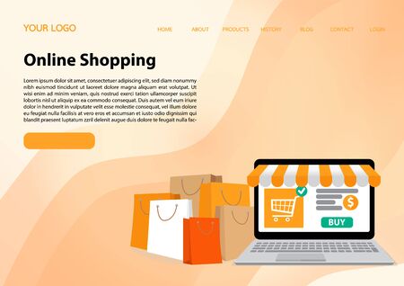 Flat outline design, Online shopping, Online payment, Buying online - vector banner with iconsのイラスト素材