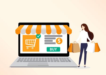 Smiling woman character with shopping bags. Happy shopper. Online shopping concept. Big Sale. Flat vector illustration.のイラスト素材