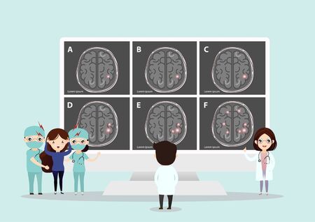 Teamwork of doctors is diagnosing the brain.  Mental health concept. Solving mental problems. Psychotherapy and help. Flat vector illustration.のイラスト素材