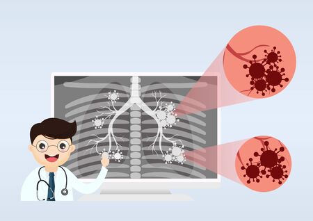 Ask a doctor. Respiratory system examination and treatment. Internal organ inspection check for illness, disease or problems.vector, illustration.のイラスト素材