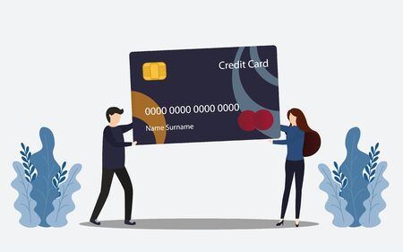 Man and woman holding a credit card. Man and woman making online payment. Vector, illustration

のイラスト素材
