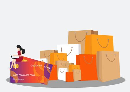 Woman holding a credit card. Woman making online payment with credit card. Vector, illustrationのイラスト素材