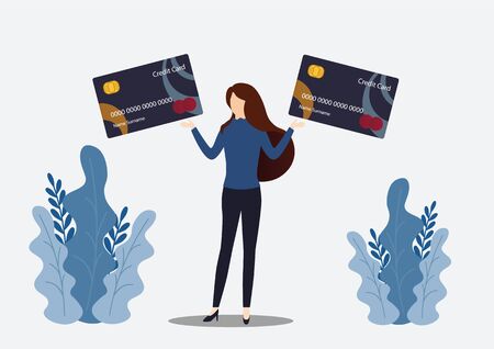 Woman holding a credit card. Woman making online payment with credit card. Vector, illustrationのイラスト素材