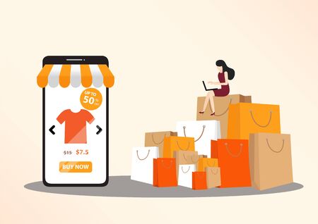 Online shopping concept illustration. Buying and selling items. Online payment, Buying online - vector banner with iconsのイラスト素材