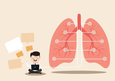 Lung organ anatomy symbol for health and medical illustrations. Flat tiny lungs healthcare persons concept. Respiratory system examination and treatment.vector, illustration.のイラスト素材