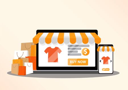 Online shopping concept illustration. Buying and selling items. Online payment, Buying online - vector banner with iconsのイラスト素材