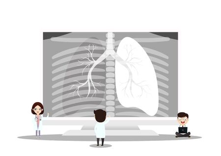Pulmonology vector illustration. Flat tiny lungs healthcare persons concept. Respiratory system examination and treatment. Internal organ inspection check for illness, disease or problems.vector, illustration.のイラスト素材